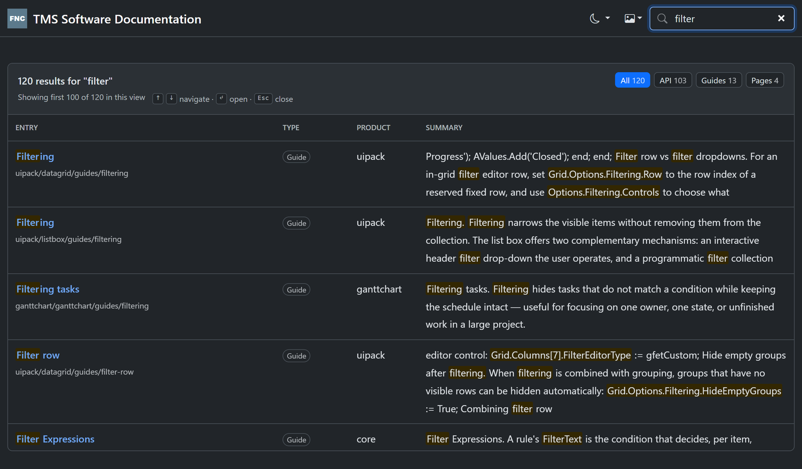 Full-text search results for the query filter, showing 120 results faceted into All, API, Guides and Pages tabs, with matching terms highlighted across several products