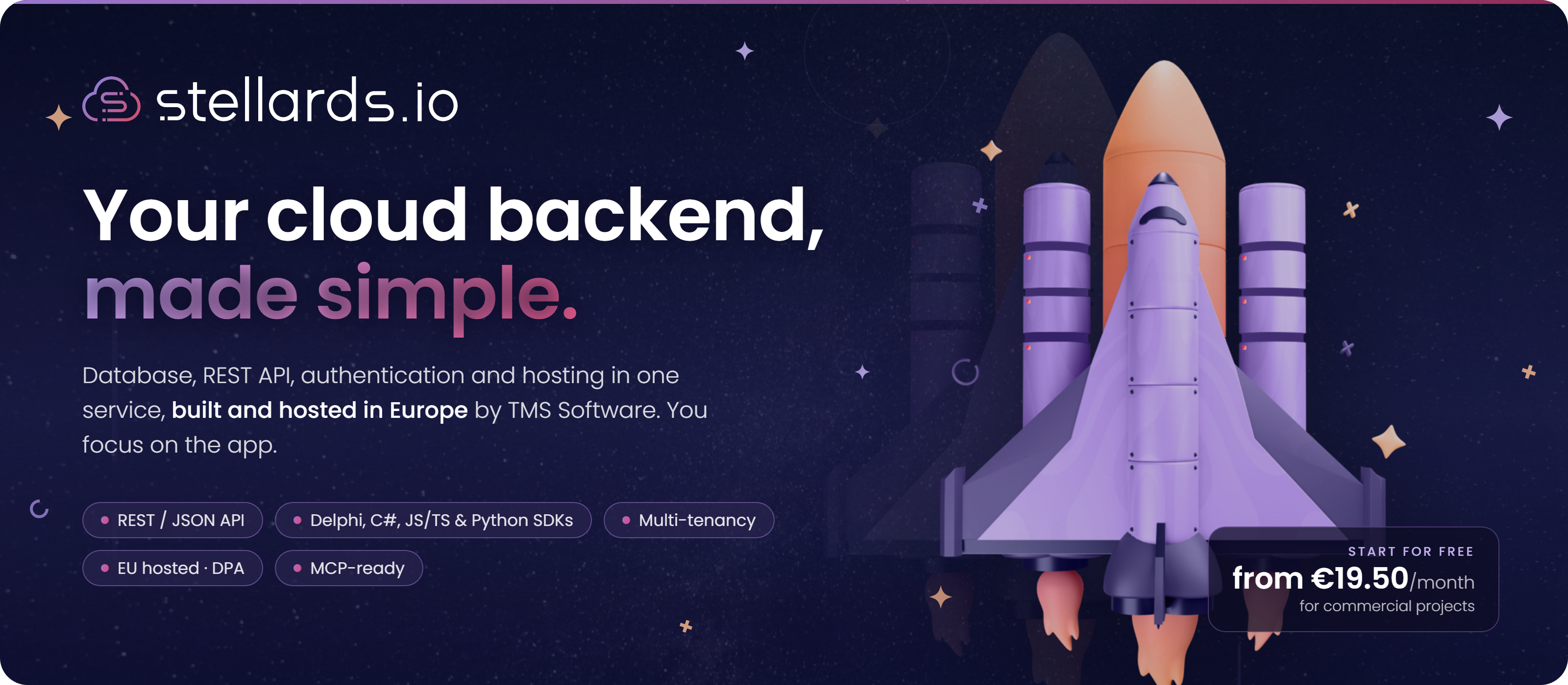 StellarDS: your cloud backend, made simple. REST/JSON API, SDKs for Delphi, C#, JavaScript/TypeScript and Python, multi-tenancy, EU hosting and MCP integration.